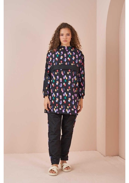 Puantiye Desen Tesettür Mayo Kısa Siyah