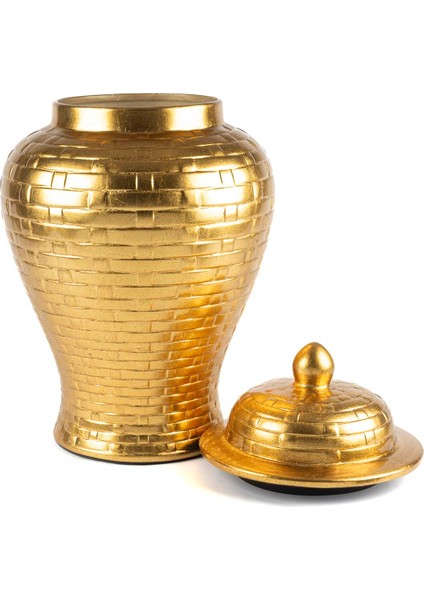 Gold Hasır Desen Kapaklı Vazo Küp 30X50CM
