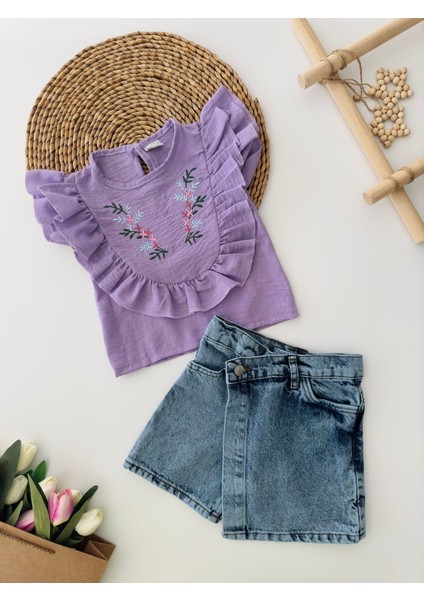 Nakış Detaylı Asimetrik Kot Şort Etekli takım - Mor