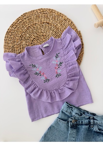 Nakış Detaylı Asimetrik Kot Şort Etekli takım - Mor fiyatları