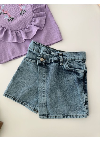 Nakış Detaylı Asimetrik Kot Şort Etekli takım - Mor modelleri