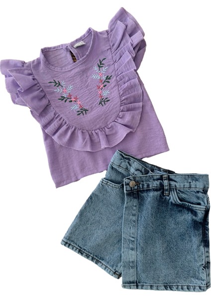 Nakış Detaylı Asimetrik Kot Şort Etekli takım - Mor fırsatları