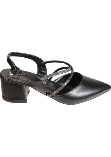Kadın Siyah Beyaz Cilt Üzeri Taşlı Çapraz Bantlı Arkası Açık 5Cm Kalın Topuk Ayakkabı fiyatları