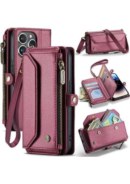 Iphone 14 Için Crossbody Durumda Pro Kart Tutucu Kılıf Cüzdan Fermuar Faturaları Yuvası (Yurt Dışından)