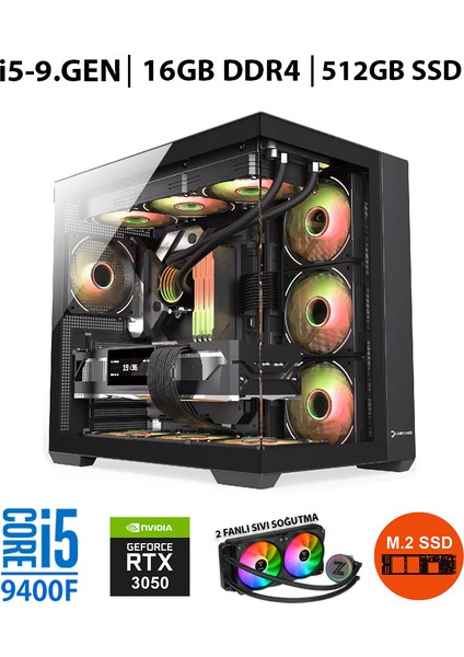 Zero RTX55 Intel Core I5-9400F 16GB Ram 512 GB M.2 Nvme SSD 8gb RTX3050 Sıvı Soğutmalı Oyuncu Masaüstü Bilgisayar