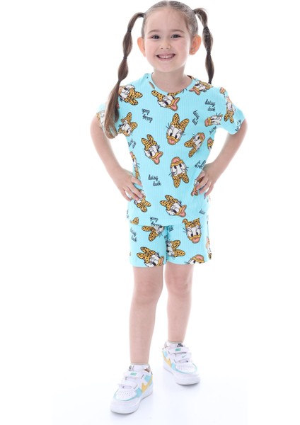 %100 Pamuk Interlok Kumaş Kısa Kollu Şortlu Daisy Duck Desenli Yazlık Kız Çocuk Pijama Takımı