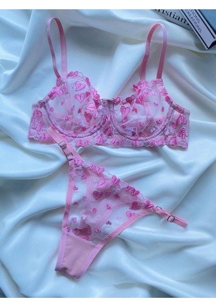 La Linaa Lovely Pembe Kadın Tül Tanga Külotlu Bralet Takım