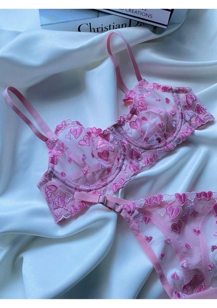 La Linaa Lovely Pembe Kadın Tül Tanga Külotlu Bralet Takım