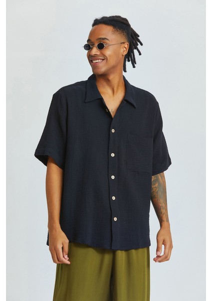 Küba Yaka Bohem Erkek Gömlek Siyah