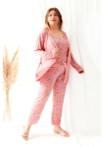Sabahlıklı Dantel Detaylı Büyük Beden Pegasus Kadın Pijama Takımı-Çeyizlik Takım