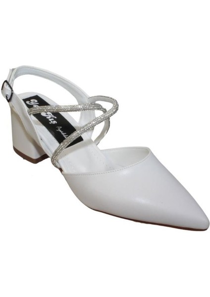 Kadın Siyah Beyaz Cilt Üzeri Taşlı Çapraz Bantlı Arkası Açık 5Cm Kalın Topuk Ayakkabı