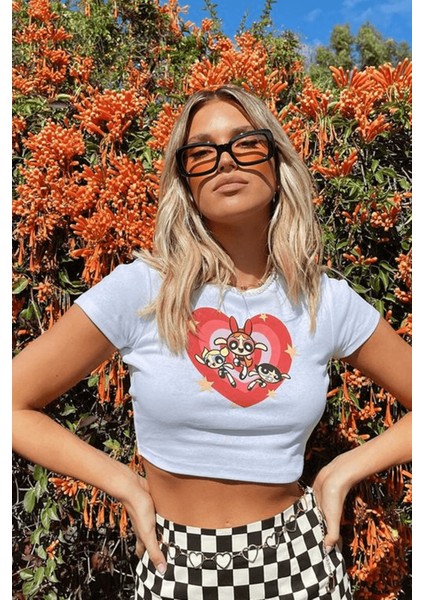 Kalpli Powerpuff Girls Beyaz Crop Bluz