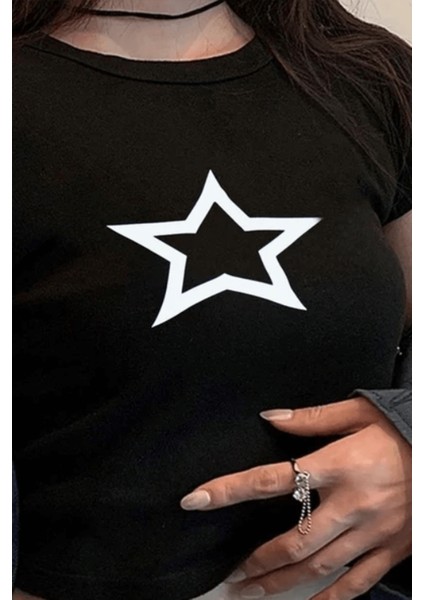 Yıldız Tasarım Siyah Crop Top