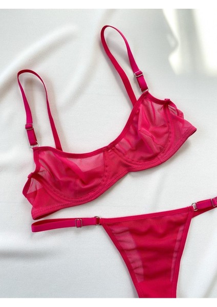 Kadın Fuşya Tül Tanga Külotlu Sütyen Takım