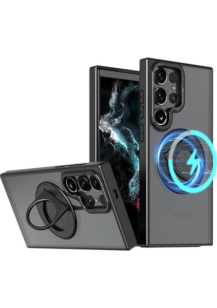 Samsung Galaxy S24 ile Uyumlu Kılıf 360° Dönen Magstand Kılıf Yüzüklü Parmak Geçmeli Stand Olabilen 2mm Çıkıntı Kamera Koruma Magsafe ile Uyumlu Matte Ring Kapak Black