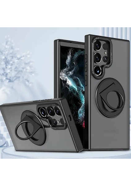 Samsung Galaxy S24 ile Uyumlu Kılıf 360° Dönen Magstand Kılıf Yüzüklü Parmak Geçmeli Stand Olabilen 2mm Çıkıntı Kamera Koruma Magsafe ile Uyumlu Matte Ring Kapak Black