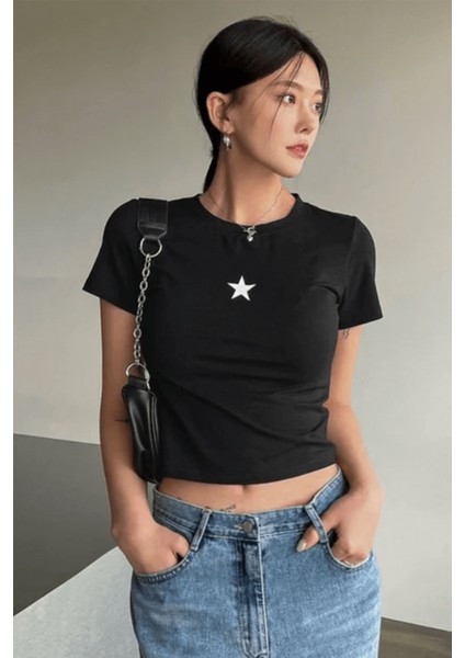 Mini Star Tasarım Siyah Crop Bluz