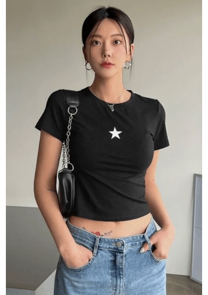 Mini Star Tasarım Siyah Crop Bluz