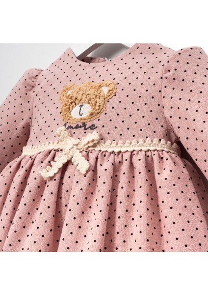 Ayıcık Detaylı Puantiyeli Kurdelalı Kız Bebek Elbise