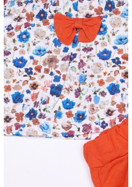 Fiyonklu Çiçek Desenli Kız Bebek 2'li Takım