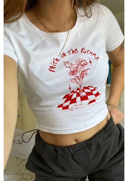 Roses Beyaz Crop Tişört