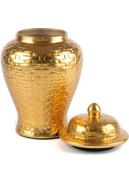 Gold Hasır Desen Kapaklı Vazo Küp 20X34CM
