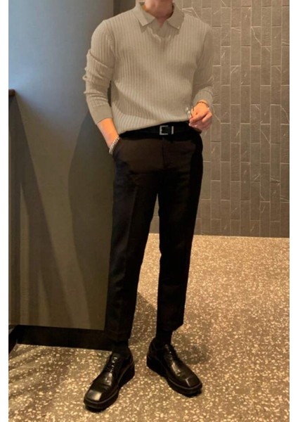 Koyu Gri Erkek Polo Yaka Fitilli Triko Kazak fiyatları