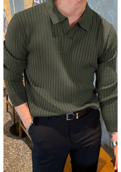 Koyu Gri Erkek Polo Yaka Fitilli Triko Kazak