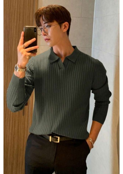 Koyu Gri Erkek Polo Yaka Fitilli Triko Kazak fiyatları