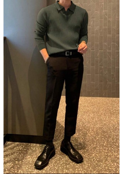 Koyu Gri Erkek Polo Yaka Fitilli Triko Kazak modelleri