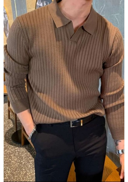 Koyu Gri Erkek Polo Yaka Fitilli Triko Kazak