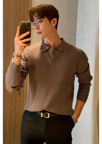 Koyu Gri Erkek Polo Yaka Fitilli Triko Kazak fiyatları