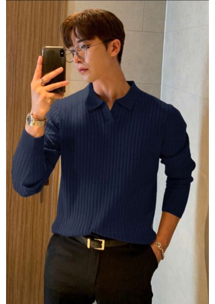 Koyu Gri Erkek Polo Yaka Fitilli Triko Kazak fiyatları