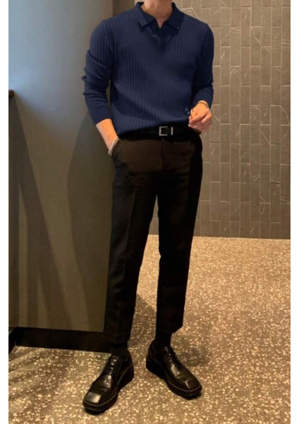 Koyu Gri Erkek Polo Yaka Fitilli Triko Kazak modelleri