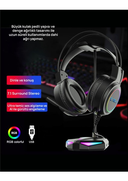 Sonic V1 Rgb Spectrum 7.1 Surround Ses - Ai ile Gürültü Engelleyen Mikrofon - USB Kablolu Gaming Oyuncu Kulaklığı - Siyah