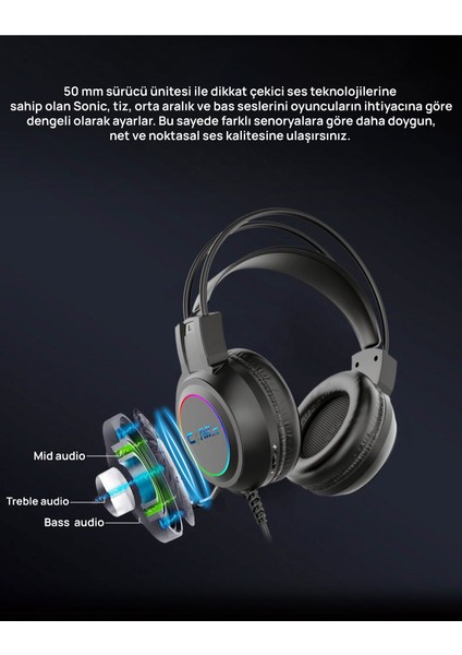 Sonic V1 Rgb Spectrum 7.1 Surround Ses - Ai ile Gürültü Engelleyen Mikrofon - USB Kablolu Gaming Oyuncu Kulaklığı - Siyah