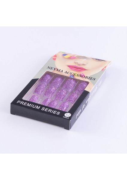 Takma tırnak, simli 12li premium set, lila