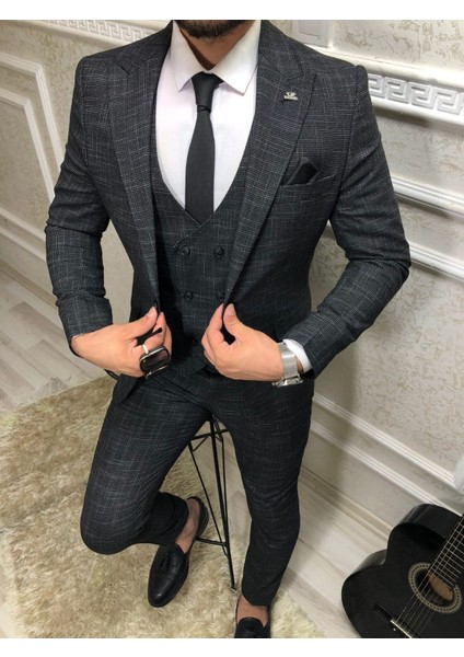 Erkek Antrasit Siyah Italyan Kesim Slim Fit Takım Elbise TKMELBS-8682