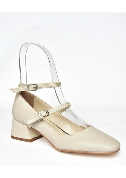 Lavli Marjinal Küt Burunlu Bantlı Blok Kadın Topuklu Ayakkabı - Krem - 37 fırsatları