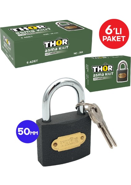 Asma Kilit Thor 50 mm Gri 6 Adet