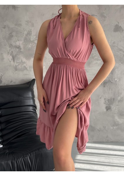 Kadın Kruvaze Yaka Bağlamalı Beli Lastikli Viskon Yazlık Elbise (Renkli)