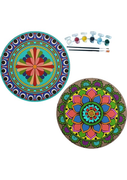 2’li Mandala Boyama Seti- 2 Desenli Plaka-6 Renk Akrilik Boya-2 Adet Fırça