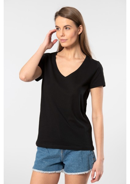 Milano Kısa Kol Derin V Yaka Kadın T-Shirt Siyah fiyatları