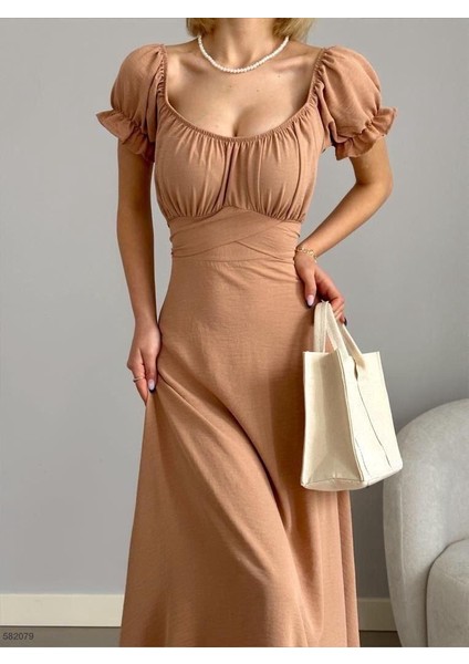 Kadın U Yaka Sırt Fermuar Kuşak Detaylı Ayrobin Elbise (Renkli)