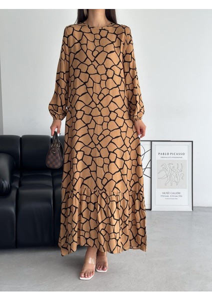 Kadın Taş Desenli Kolu Lastikti Rahat Viskon Elbise (Renkli)