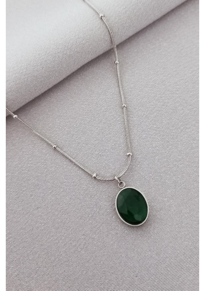 Çelik Topcuk Zincirli Yeşil Taşlı Kolye