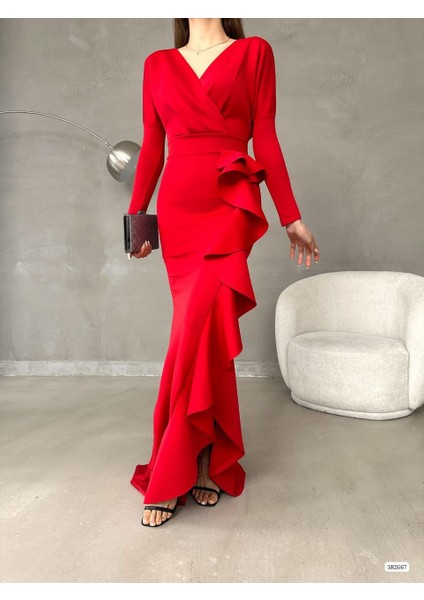 Kadın Scuba Uzun Kol Kruvaze Yaka Eteği Volanlı Abiye Elbise (Renkli)