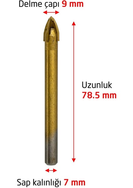 6175 Ok Tipi 4 Elmaslı Cam Fayans Delme Matkap Ucu 9 mm