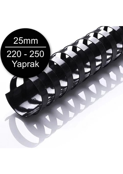 25 mm Plastik Spiral Siyah 220 - 250 Yaprak Kapasiteli 50'li Kutu