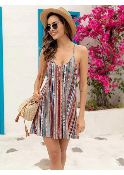 Kadın Kolsuz Askılı V Yaka Etnik Desen Mini Elbise